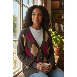 Women's G.H. Bass Heritage Argyle Cardigan Brown Pink Cotton Sweater Size L